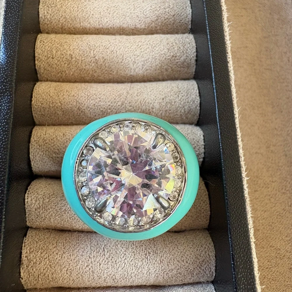 HUGE Turquoise Lacquer Statement Ring with Large Crystal - Picture 4 of 4